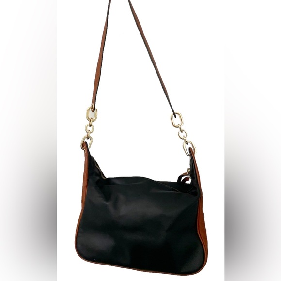 Pour La Victoire Brown & Black Leather Shoulder Bag Crossbody Gold Chain Strap - Picture 3 of 14